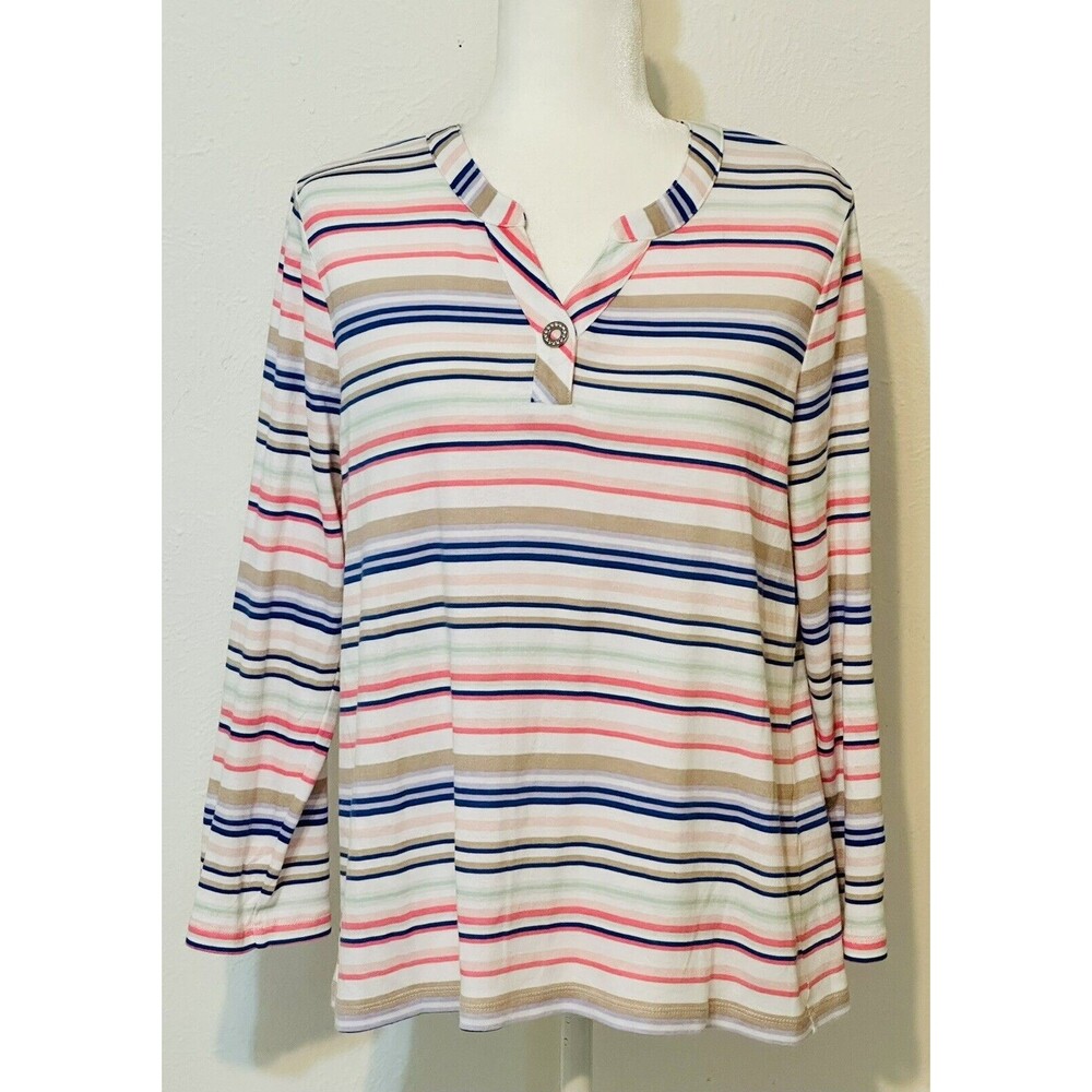 Chicos Women’s Size 2 (L 12) Multicolored Striped Roll Tab Sleeve Top Nautical